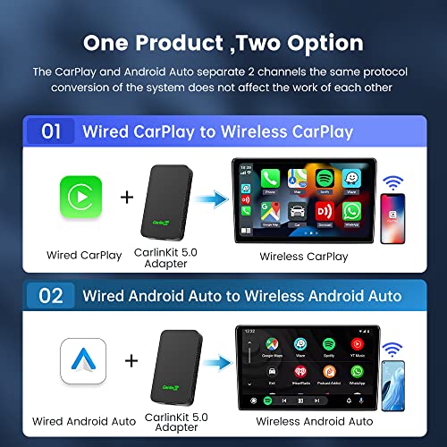 Carlinkit 2024 5.0 2air Wireless Adapter for Apple CarPlay and Android Auto,For cars wired apple CarPlay or wired Android Auto Function,(Model year:2017 to 2024) plug and play