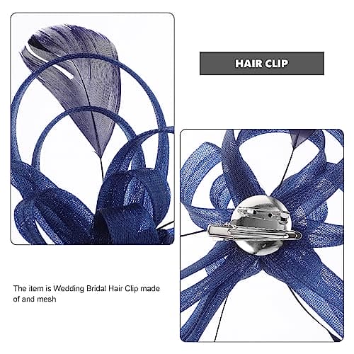 Holibanna Women Fascinators Wedding Flower Hair Clips Pillbox Hat Feather Flapper Bridal Headdress Headpieces Hair Accessories (Navy Blue)