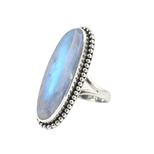 Rainbow Moonstone Gemstone Ring 925 Sterling Silver Handmade Ring For Women Wedding, Engagement Gift For Her Large Oval Stone Boho Ring Bue Flash June Birthstone Moonstone Jewelry Ring By NKG