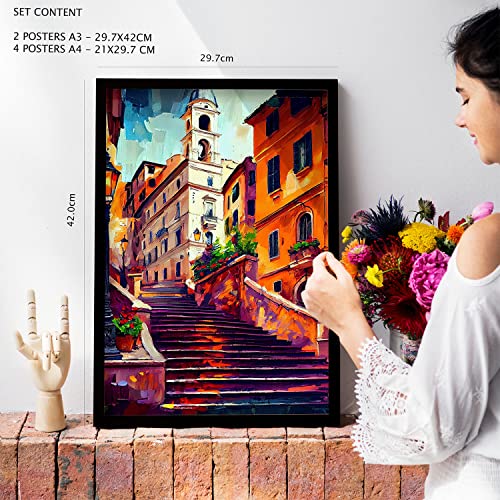 Nacnic Set of 6 Warm Oil Painting Posters. Illustrations of monuments and cities in Full Colour Photographic Style. Interior Design and Decoration. Sizes A3 & A4 with White Frames.