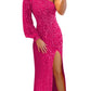 Women's Long Sleeve Prom Dresses 2024 One Shoulder Sequin Mermaid Formal Evening Party Gown with Slit Hot Pink Size 10