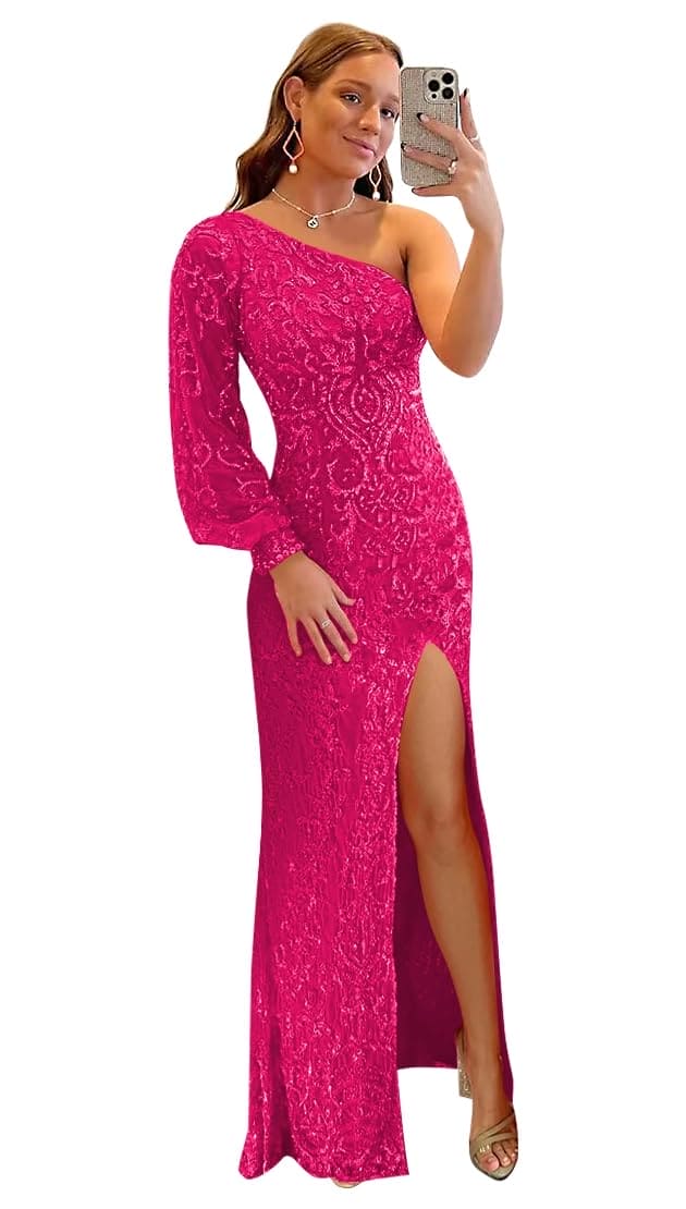 Women's Long Sleeve Prom Dresses 2024 One Shoulder Sequin Mermaid Formal Evening Party Gown with Slit Hot Pink Size 10