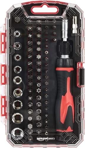 Amazon Basics 73-Piece Magnetic Ratcheting Wrench and Electronics Precision Screwdriver Set, Black/Red/Silver