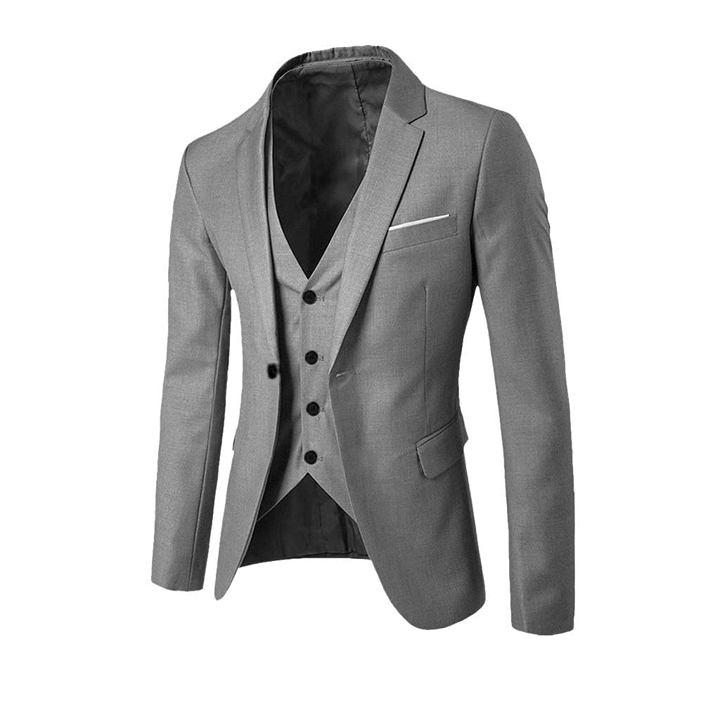 Men's 3 Piece Suit Elegant Solid One Button Slim Fit Single Breasted Business Wedding Party Blazer Jacket Vest Pants Set Gray