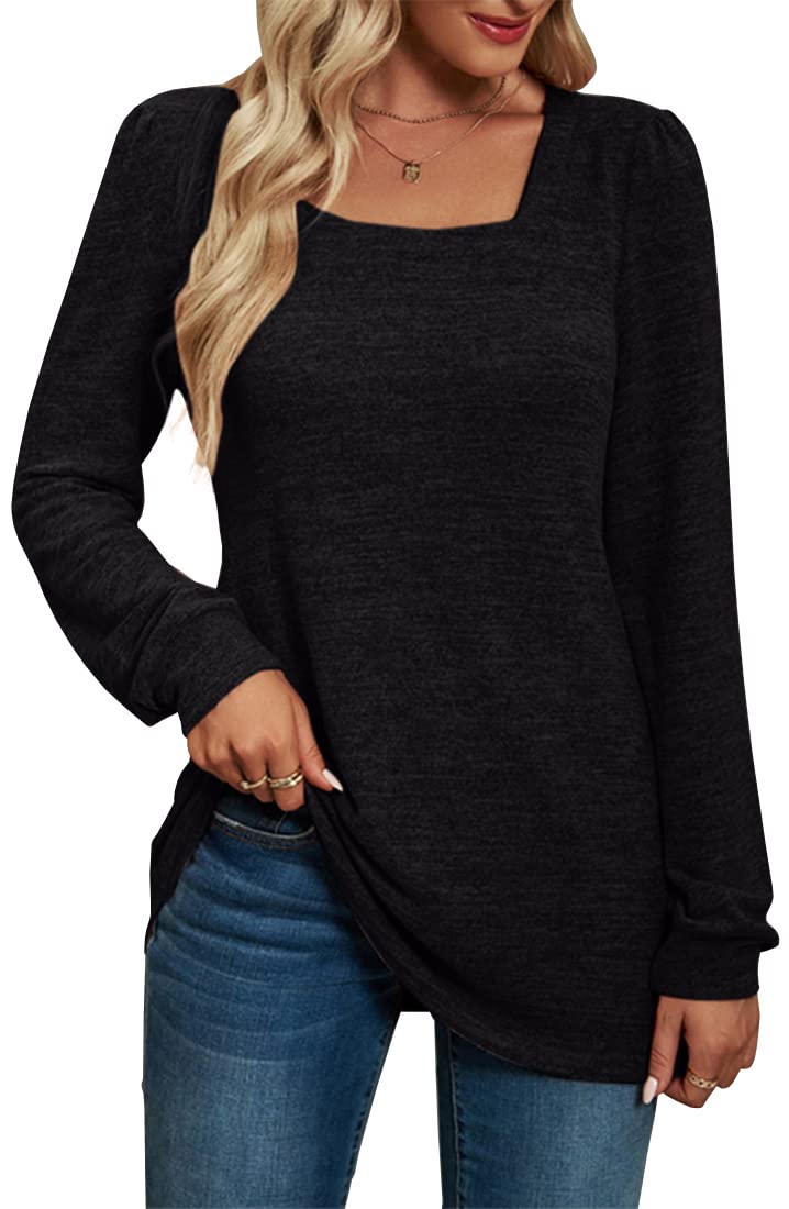 PANOZON Womens Long Sleeve Tops Ladies Square Neck Jumpers Sweatshirts Loose Fit Black XL