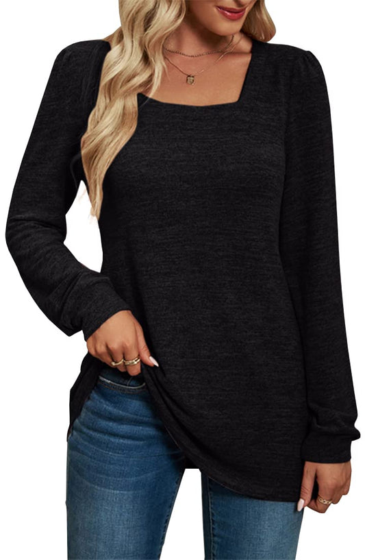 PANOZON Womens Long Sleeve Tops Ladies Square Neck Jumpers Sweatshirts Loose Fit Black XL