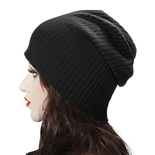 ZLYC Women Fashion Knit Slouchy Beanie Hat Thin Stretch Skull Caps (Solid Black),One Size