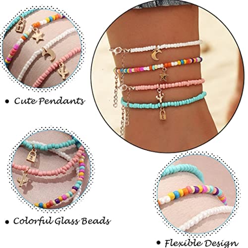 ROINBUILT Boho Beads Anklets Multilayered Women Anklets Colorful Women Ankle Bracelets Beaded Bracelet Elastic Foot and Hand Chain Jewelry (4PCS)