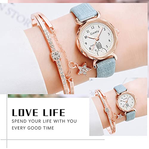 Women's Alloy Watch Bracelet Two Piece Simple Quartz Watch Diamond Bracelet Ladies Leather Strap Watch (Blue)