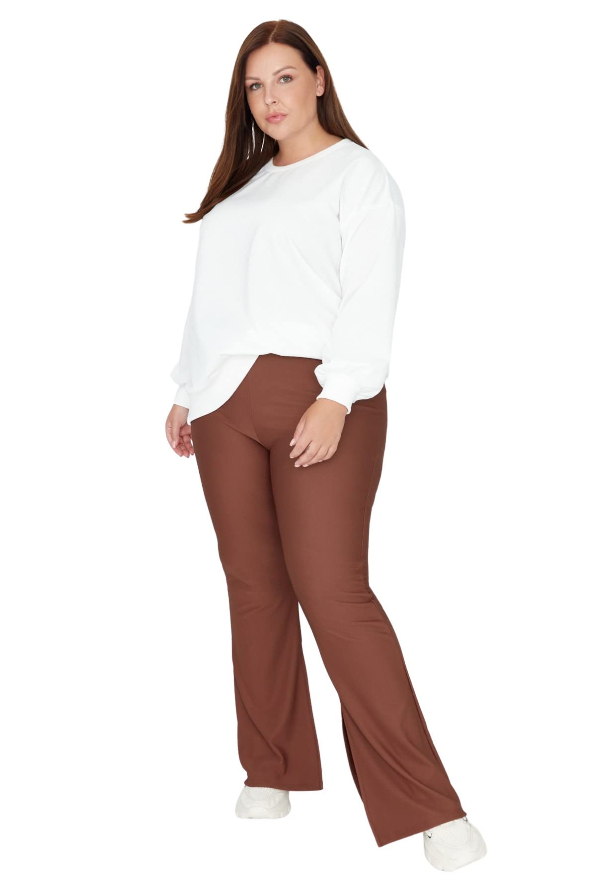 Trendyol Women Plus Size High Waist Wide Leg Regular fit Plus Size Trousers Brown