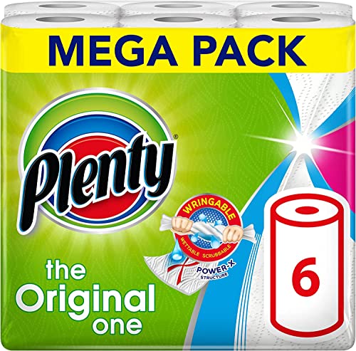 PLENTY Kitchen Towel, 6 White Rolls, 600 Sheets of Kitchen Roll, 2-Ply Tissue