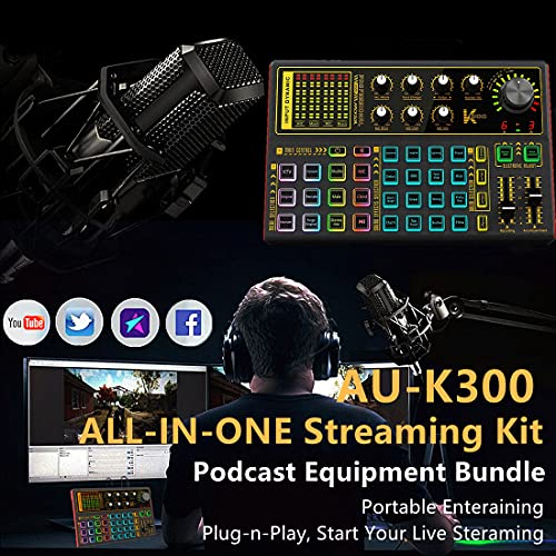 K300 Podcast Equipment Bundle, With Podcast Condenser Microphone, Voice Changer Sound Card with Multiple Sound Effects and LED Light, Prefect for Streaming/Podcasting/Gaming/Recording/YouTube/PC