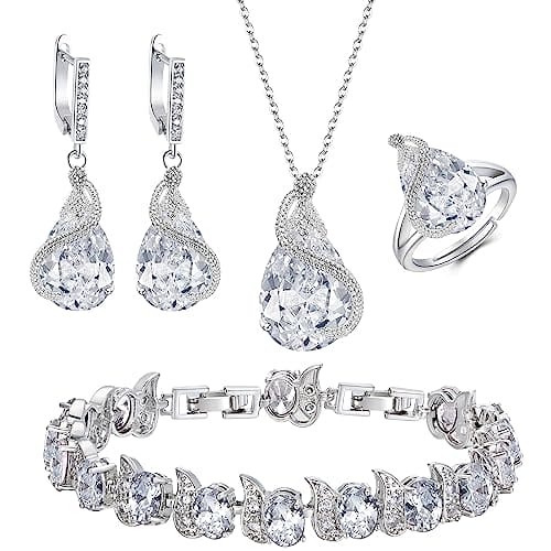 Ever Faith Women's Jewellery Sets Bridal Jewellery Set Sparkly Cubic Zirconia Teardrop Necklace Earring Bracelet Ring Jewelry Sets for Women Birthday Gifts 4 PCS Clear Silver-Tone