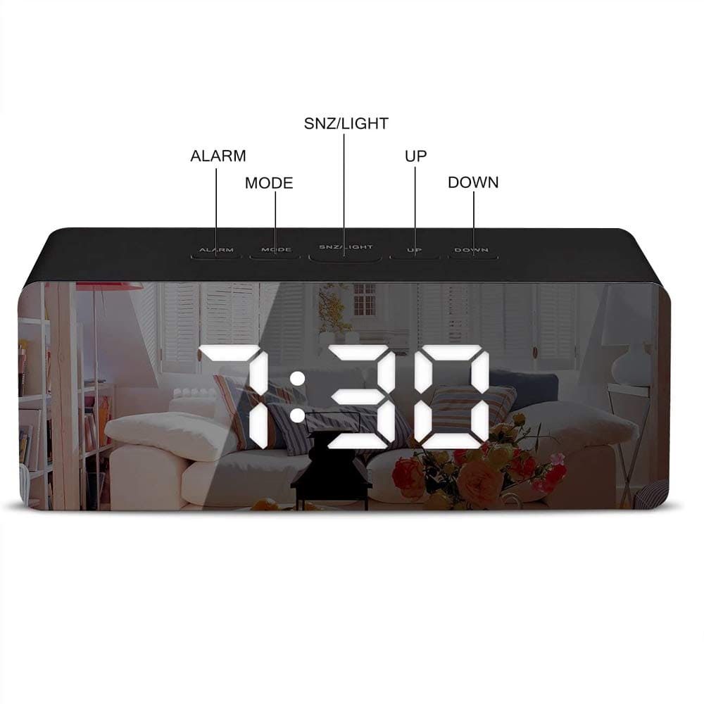 JJN Digital Clock Large Display, LED Electric Alarm Clock Mirror Surface for Makeup with Diming Mode, 3 Levels Brightness,USB Ports Modern Decoration for Home Bedroom Decor (Black)