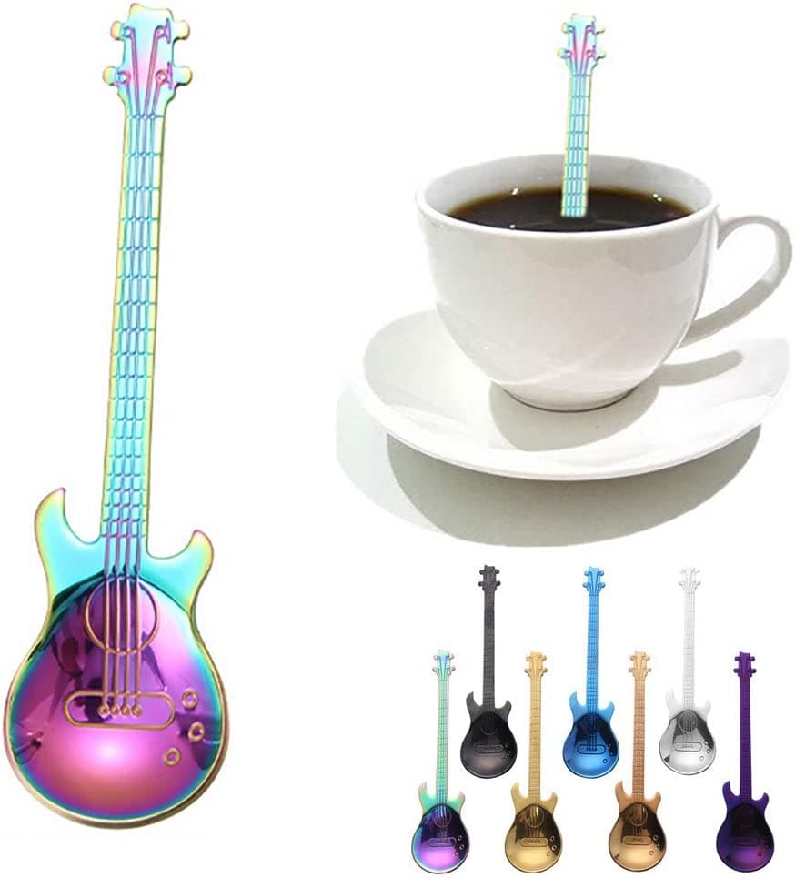 Guitar Coffee Teaspoons, 7pcs Colorful Stainless Steel Musical Coffee Spoons Cute Tea Spoons Set Stirring/Mixing/Sugar/Dessert/Jam/Ice Cream Spoon