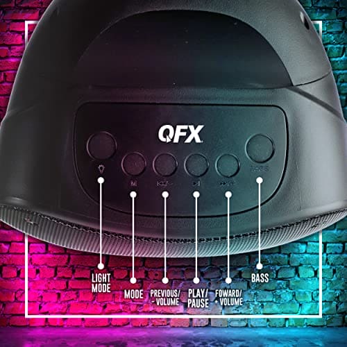 QFX PBX-126 TWS Bluetooth Rechargeable Portable 10-Watt Speaker with a 4” Woofer, Microphone Input, AUX Input, USB Input, TF Card Input, FM Radio, and LED Party Lights, Black