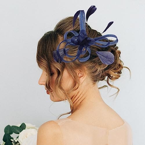 Holibanna Women Fascinators Wedding Flower Hair Clips Pillbox Hat Feather Flapper Bridal Headdress Headpieces Hair Accessories (Navy Blue)