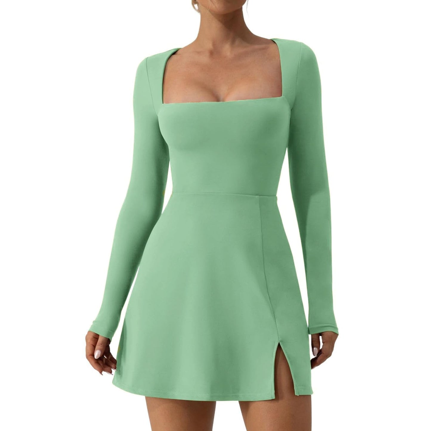 Qianderer Womens Square Neck Bodice Dress Long Sleeve Side Slit A-Line Flare Mini Dresses Cocktail Party Club Dress (Green, XL)