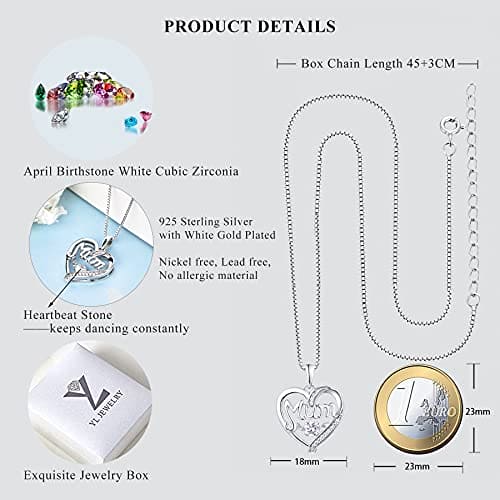 YL Mum Necklace 925 Sterling Silver Heartbeat CZ Stone Heart Love Pendant Necklace for Women Mother,45-48 cm(White)