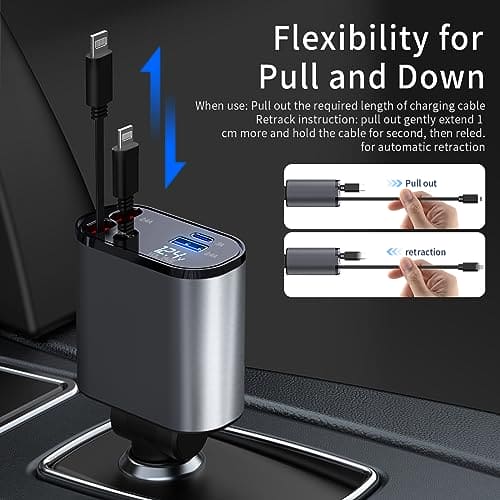 Retractable Car Charger, Fast Car Phone Charger 60W, 2 Retractable iPhone Charger Cables and USB Car Charger, Compatible with iPhone 14/15/13/12/11