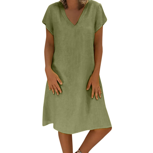 Women Dress Sale Clearance Fashion Ladies Loose V-Neck Summer Solid Short Sleeve Cotton and Linen Dress Party Elegant UK Size Green