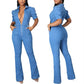 GHAKKE Women's Sexy V-Neck Denim Jumpsuits Casual Short Sleeve Jean Long Wide Leg Pants Party Rompers With Belt Streetwear (Color : Light blue, Size : L)