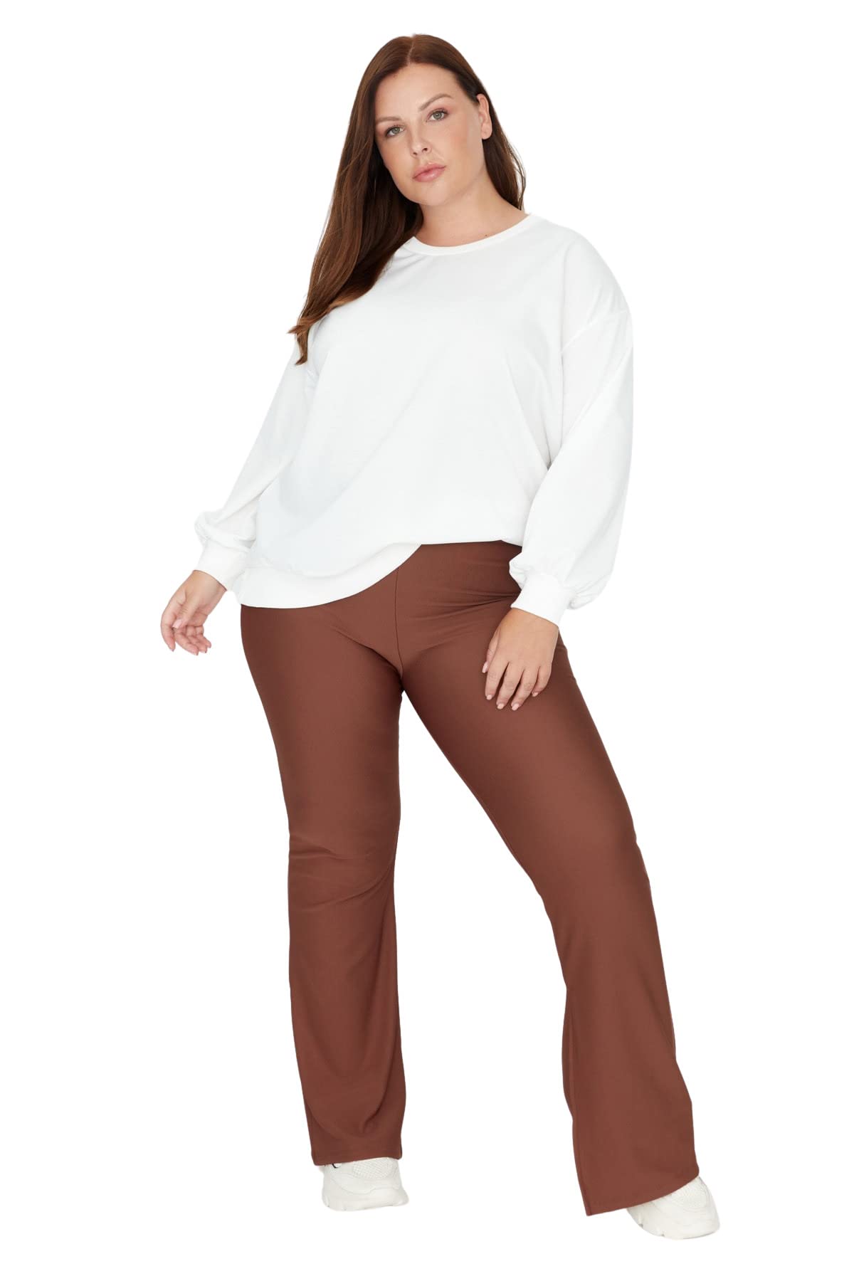 Trendyol Women Plus Size High Waist Wide Leg Regular fit Plus Size Trousers Brown