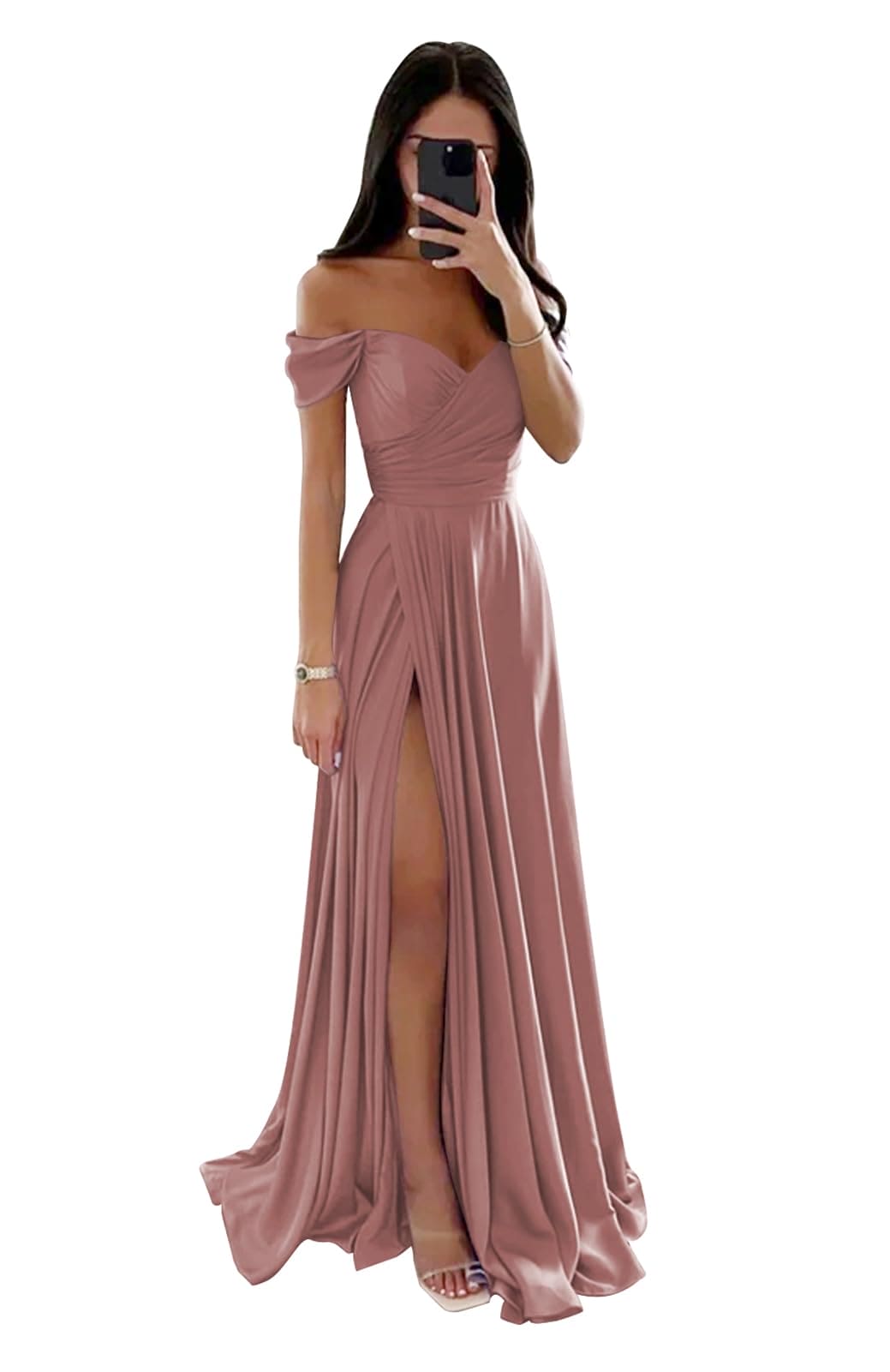 PAVERJER Dusty Rose Bridesmaid Dresses with Slit Off Shoulder Ruched Satin Evening Formal Dresses Size 8