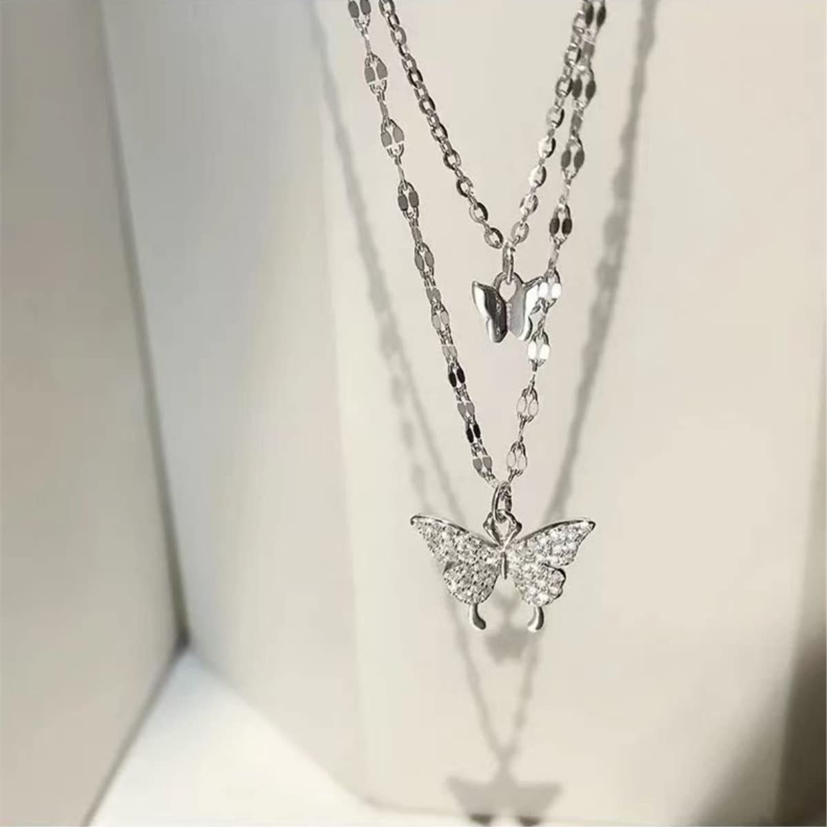 ZAGZIG 925 Sterling Silver Butterfly Necklace for Women Double Layer Clavicle Chain Shiny CZ Necklace Dainty Gifts Party Jewelry Gift