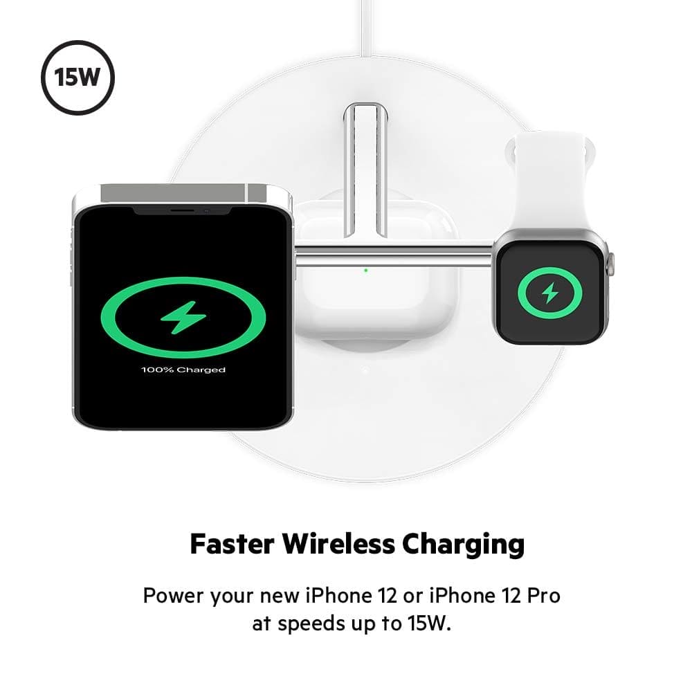 Belkin BoostCharge PRO 3-in-1 Wireless Charger with MagSafe for iPhone 15, iPhone 14, 13 and 12 + Apple Watch + AirPods (Magnetically Charges Models up to 15W)