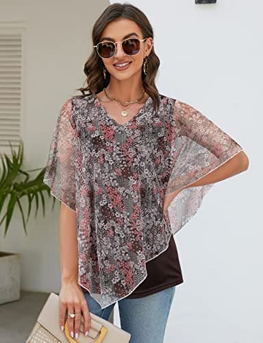 Syphiby Ladies Shirts And Blouses, Womens Summer Tops Casual Flowy Floral Blouse Elegant Batwing Sleeve Tops V Neck Loose Blouse Shirts Ladies Blouse Shirts 3/4 Ruffle Sleeve Blouse Baggy Tops