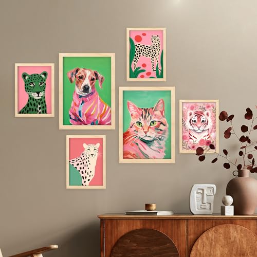 Nacnic Set of 6 Pink Pets Posters. In Nursery Prints Decorative frames for your living room, bedroom, home. Wall art print. Sizes A4 and A3 with Lightwood Frames