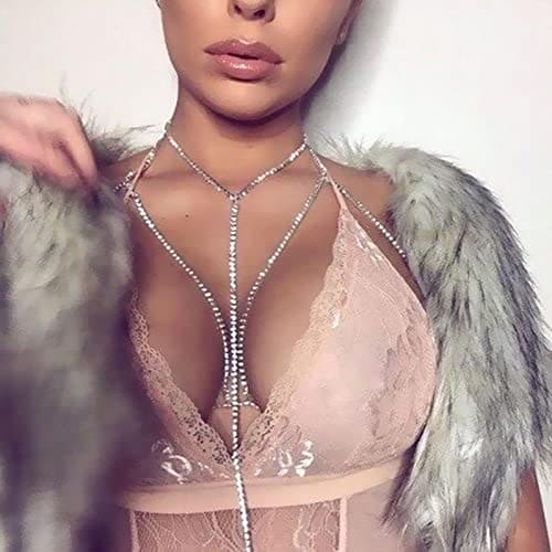 TseenYi Boho Rhinestone Layered Bra Chain Necklace Silver Body Chain with Necklace Summer Bikini Beach Wedding Jewelry for Women and Girls(1 Pcs)