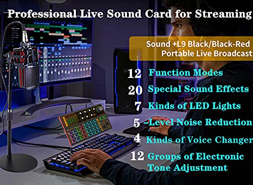 Professional Audio Mixer, K300 Live Sound Card and Audio Interface Sound Board with Multiple DJ Mixer Effects,Voice Changer and LED Light, Prefect for Streaming/Podcasting/Gaming/Recording/YouTube/PC