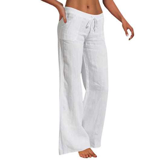 Zuoyue Women Cotton Linen Pants Casual Loose Solid Color Beach Pants Elastic High Waist Wide Leg Summer Beach Pants Yoga Pants with Pockets White