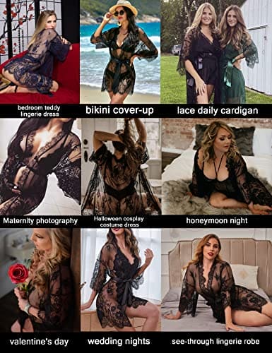 Avidlove black lace robe women Women's Lace Kimono Robe Babydoll Lingerie Mesh Nightgown Black S