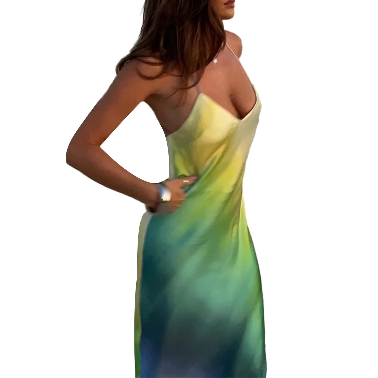 Women Tie Dye Spaghetti Strap Maxi Dress Sexy Low Cut Backless Bodycon Midi Cami Dresses Summer Beach Party Dress (Blue, S)