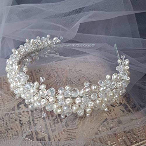 Chargances Pearl and Crystal Tiara for Brides Bridesmaid Wedding Women Hair Crown Handmade Headband Princess Hair Jewelry