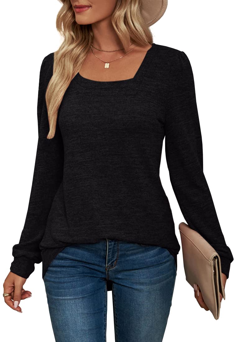 PANOZON Womens Long Sleeve Tops Ladies Square Neck Jumpers Sweatshirts Loose Fit Black XL