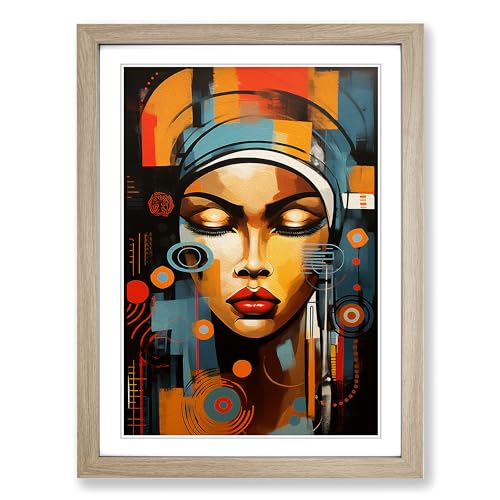 African Woman Abstract Framed Wall Art Print - Ready to Hang Picture - Modern Art for Living Room Bedroom Kitchen Home - Oak A4 (27 x 36 cm)