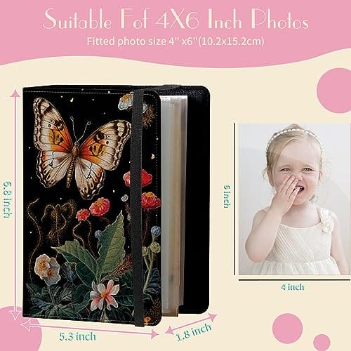 Photo Album 4x6 Photos - 60 Photos Capacity PU Leather Cover Photo Album with Strong Elastic Band, Portable Picture Album for Family Wedding Wedding Anniversary, Aesthetic Butterfly Flower