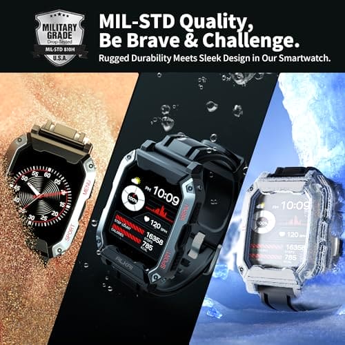 ALKAI Smart Watch Rugged and Military with 5ATM Waterproof Bluetooth Call(Answer/Dial Calls) AI Assistant, Long-Lasting Battery Life, Multiple Sports Tracking, Health Monitoring, 2.02'' HD Display,N27