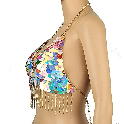 Chran Women's Sexy Bikini Harness Bra Tassels Style Sequin Body Chain Necklace