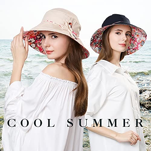 Comhats Ladies Bucket Summer Sun Hat Foldable Beach Cap Wide Brim UPF50+ Packable for Women Beige