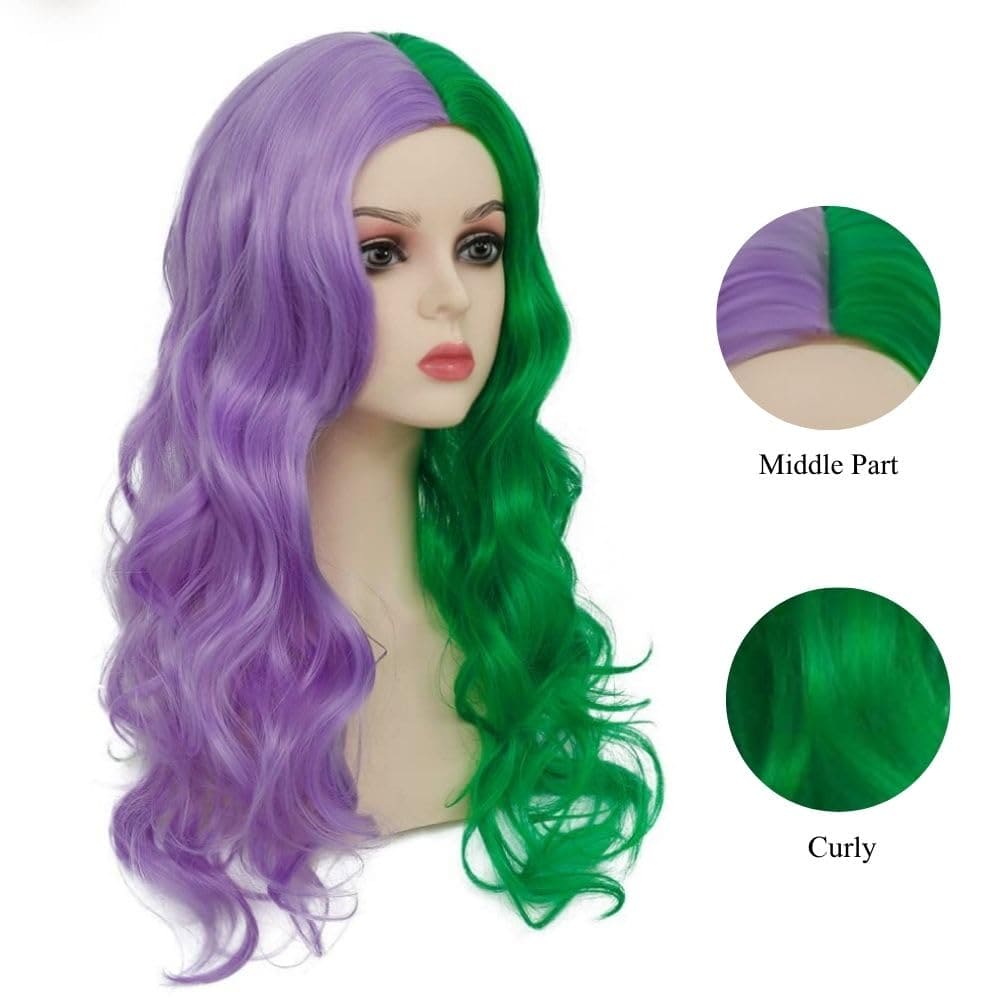 Siudus Womens Half Purple Half Green Curly Wig Long Middle Part Split Wigs Heat Resistant Fiber Hair Wig for Cosplay Halloween Use(Purple Green)