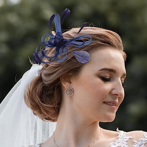 Holibanna Women Fascinators Wedding Flower Hair Clips Pillbox Hat Feather Flapper Bridal Headdress Headpieces Hair Accessories (Navy Blue)