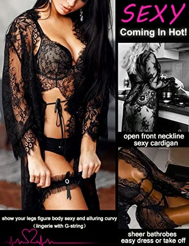 Avidlove black lace robe women Women's Lace Kimono Robe Babydoll Lingerie Mesh Nightgown Black S