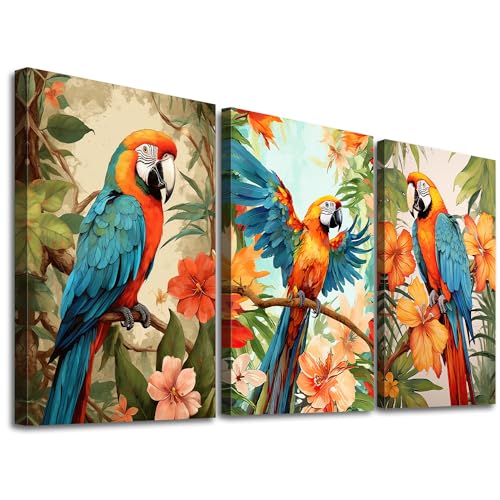 GLOKAKA Set of 3 Parrot Wall Art Colorful Parrot on Branch with Tropical Leaves Painting Pictures Wall Decor Colorful Birds Artwork for Living Room Bedroom Bathroom Decor