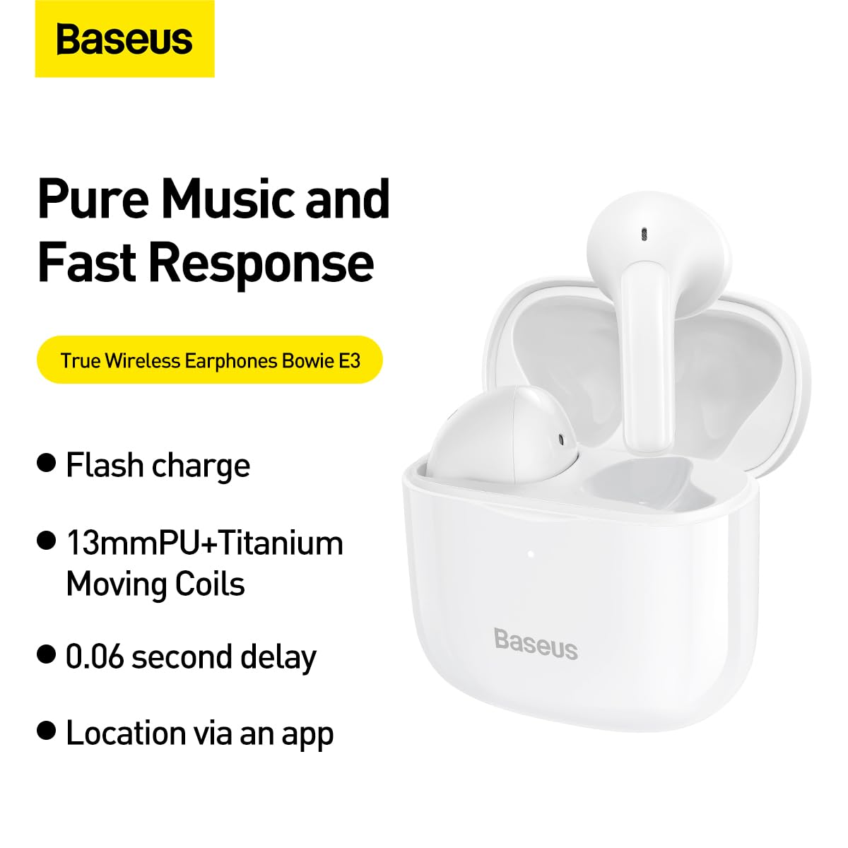 BASEUS Earphone Bluetooth Bowie E3, BT 5.2, TWS Fast response, Low Latency, IP64, app finder, White (NGTW080002)