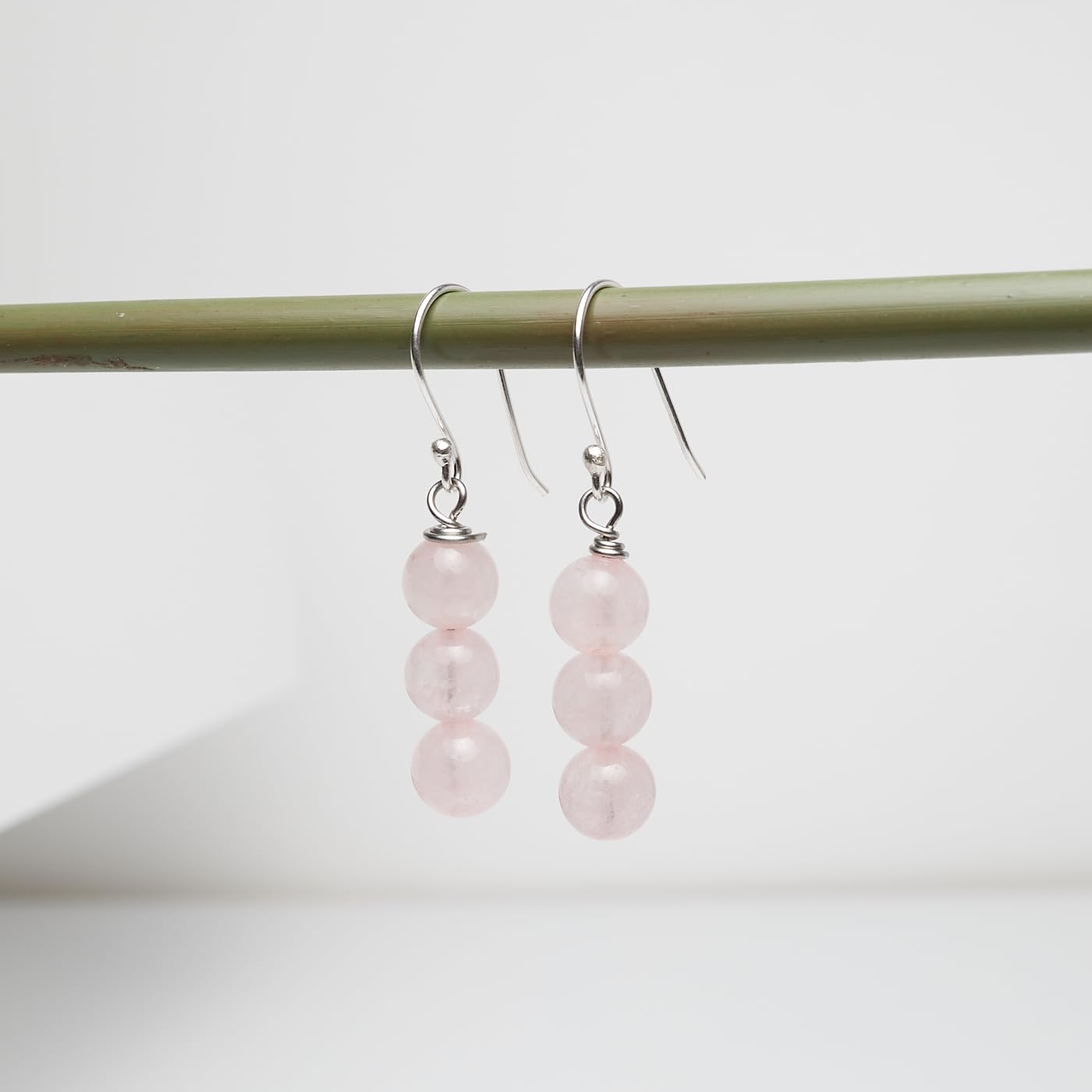 TreasureBay Handmade Natural Rose Quartz Gemstone Dangle Drop Earrings For Women Girls Made with 925 Sterling Silver Hook (Triple Beads Rose Quartz)